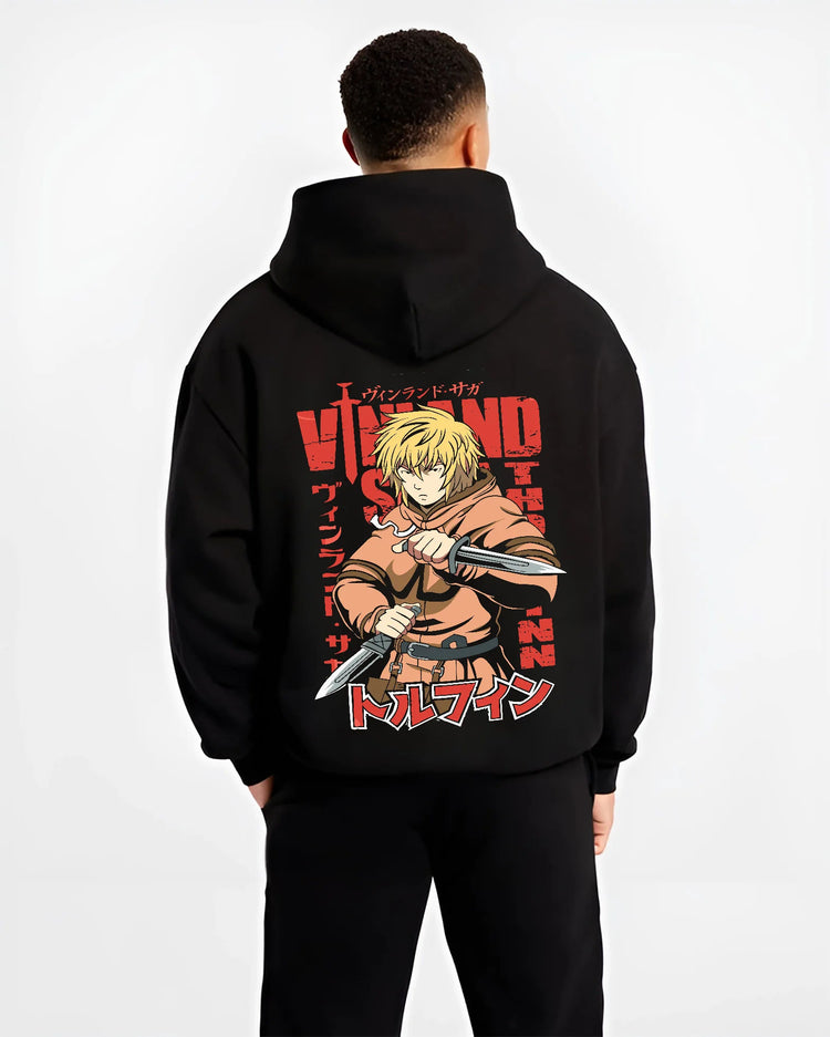 Black hoodie model back view showing Thorfinn from Vinland Saga: dagger combat illustration