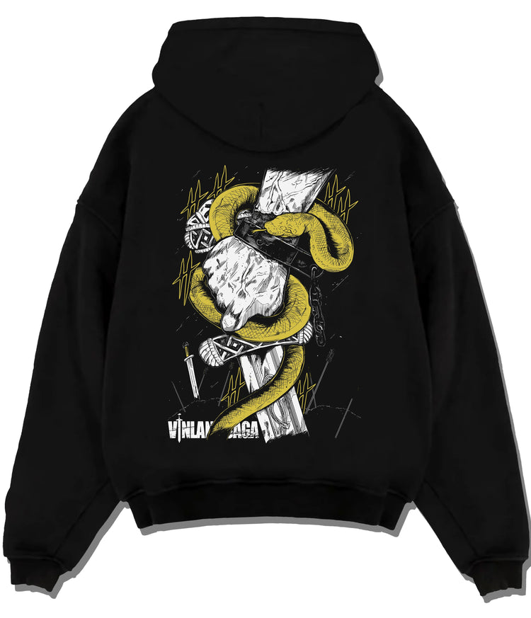 Black hoodie flat back view showing Vinland Saga: coiled snake with Viking axe