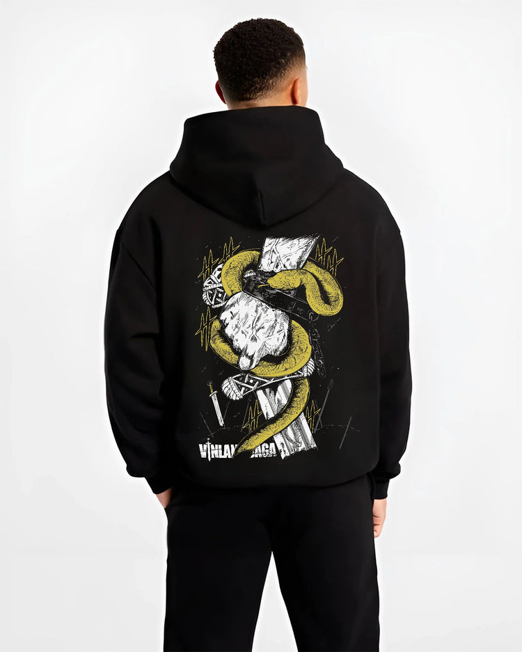 Black hoodie model back view showing Vinland Saga: coiled snake with Viking axe
