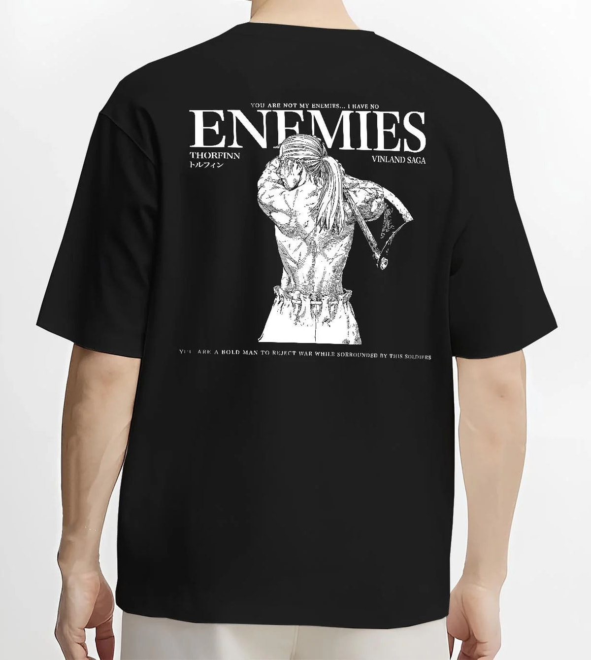 Black T-shirt worn by male model from the back featuring Thorfinn enemies Viking revenge Vinland Saga artwork.