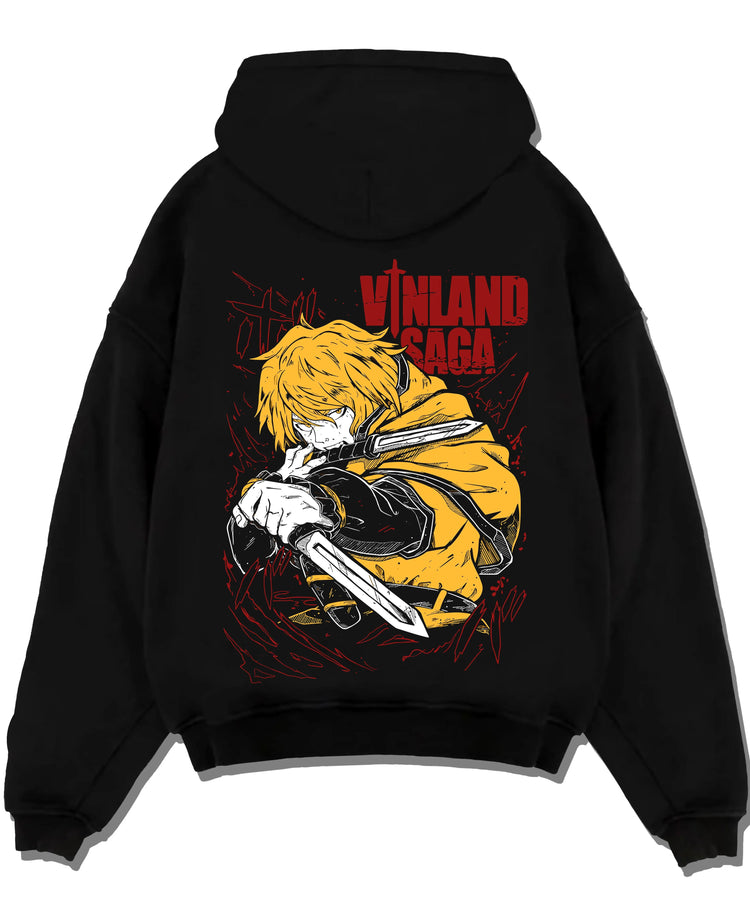 Black hoodie laid flat featuring Thorfinn Viking warrior dual blades Vinland Saga artwork.