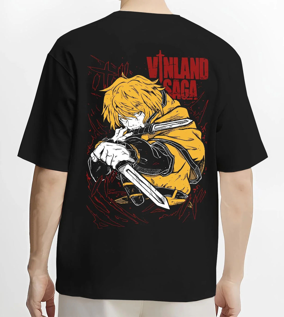 Black T-shirt worn by male model from the back featuring Thorfinn Viking warrior dual blades Vinland Saga artwork.