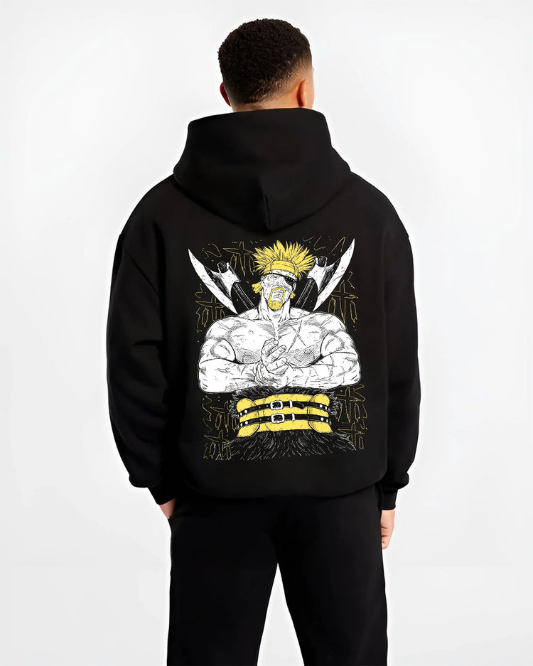 Black hoodie model back view showing Thorkell the Tall from Vinland Saga: Viking warrior