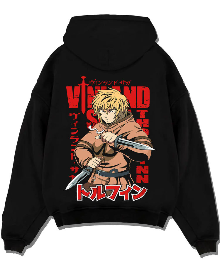 Black hoodie laid flat featuring Thorfinn dual daggers Viking warrior Vinland Saga artwork.