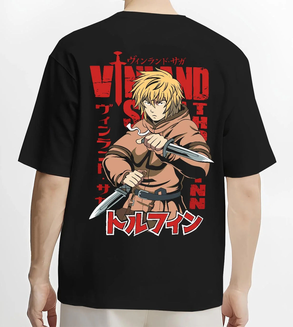 Black T-shirt worn by male model from the back featuring Thorfinn dual daggers Viking warrior Vinland Saga artwork.