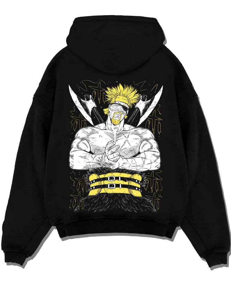 Black hoodie laid flat featuring Thorkell the Tall Viking warrior Vinland Saga artwork.