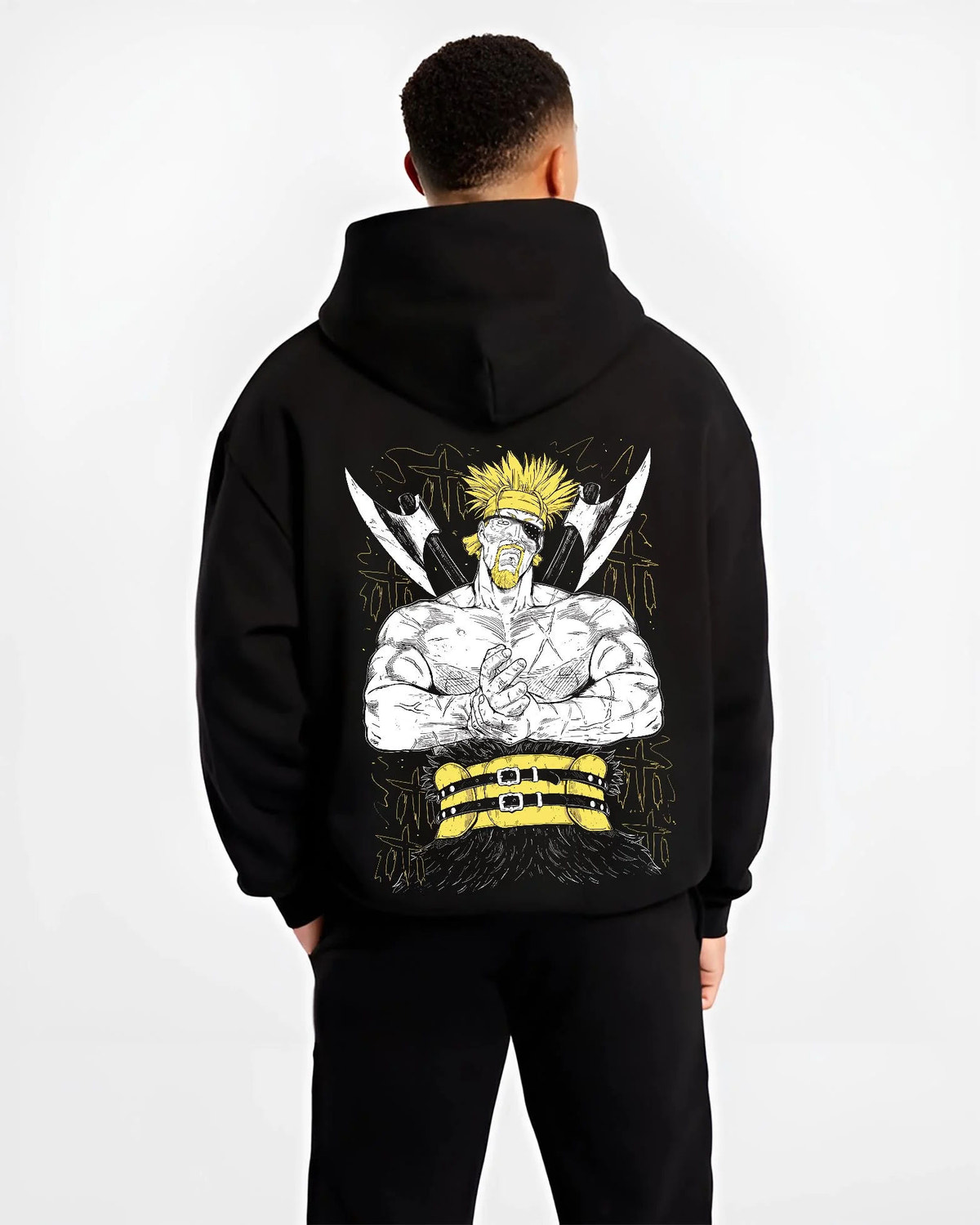 Black hoodie worn by male model from the back featuring Thorkell the Tall Viking warrior Vinland Saga artwork.