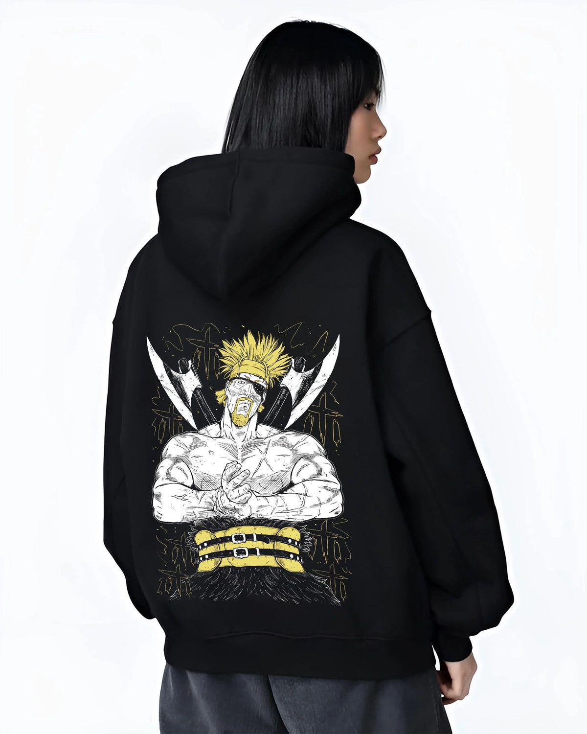 Black hoodie worn by female model from the back featuring Thorkell the Tall Viking warrior Vinland Saga artwork.