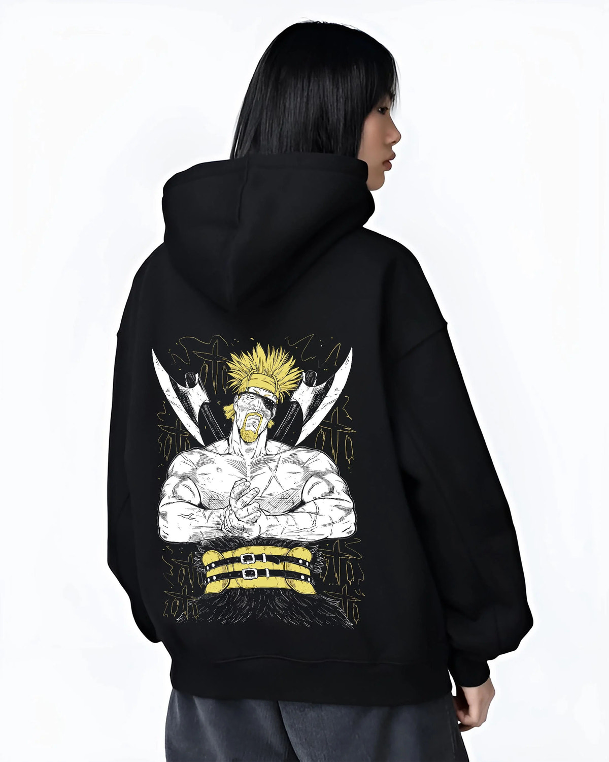 Black hoodie worn by female model from the back featuring Thorkell the Tall Viking warrior Vinland Saga artwork.