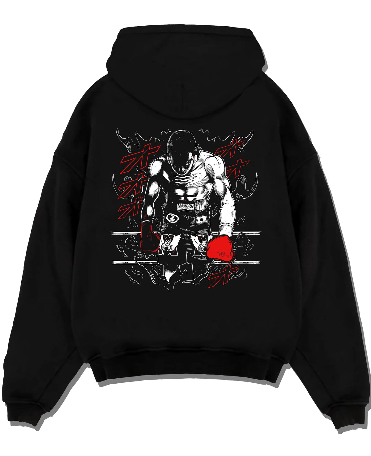 Black hoodie laid flat featuring Mamoru Takamura boxing champion Hajime no Ippo artwork.