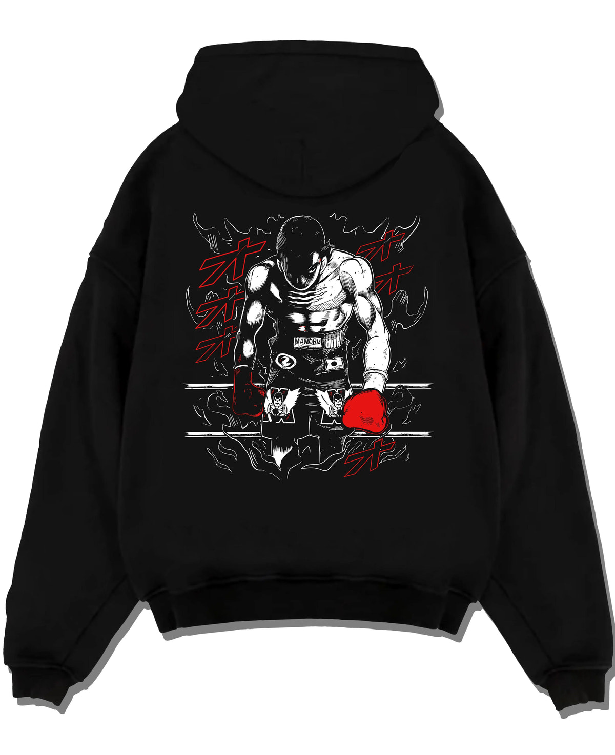 Black hoodie laid flat featuring Mamoru Takamura boxing champion Hajime no Ippo artwork.