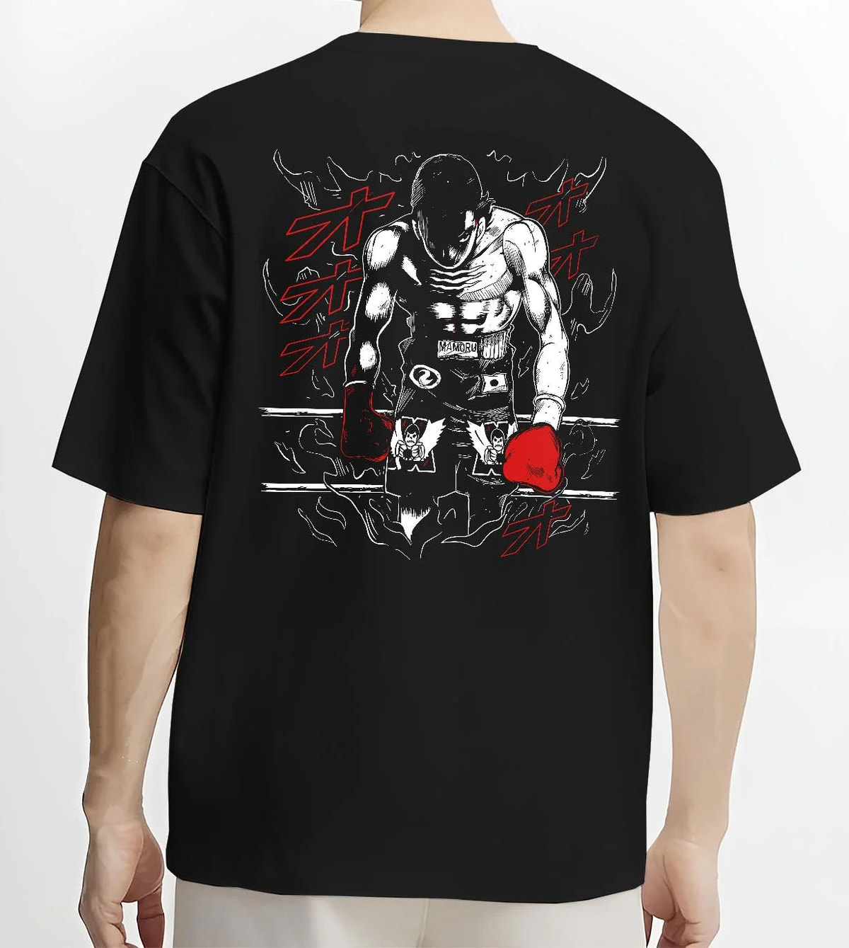 Black T-shirt worn by male model from the back featuring Mamoru Takamura boxing champion Hajime no Ippo artwork.