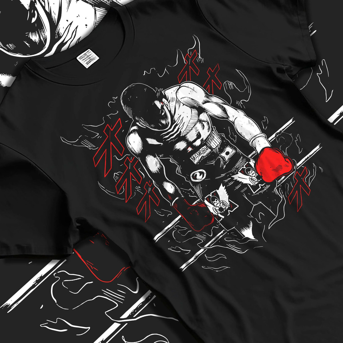 Black T-shirt laid flat with natural folds featuring Mamoru Takamura boxing champion Hajime no Ippo artwork.