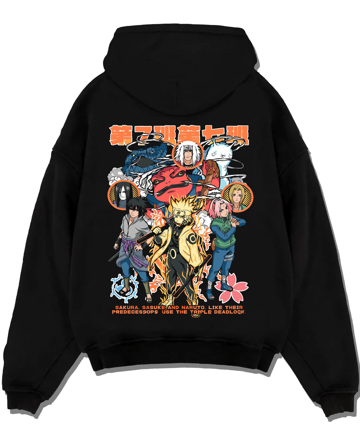 Black hoodie laid flat featuring Team 7 summoning jutsu ninja legacy Naruto artwork.
