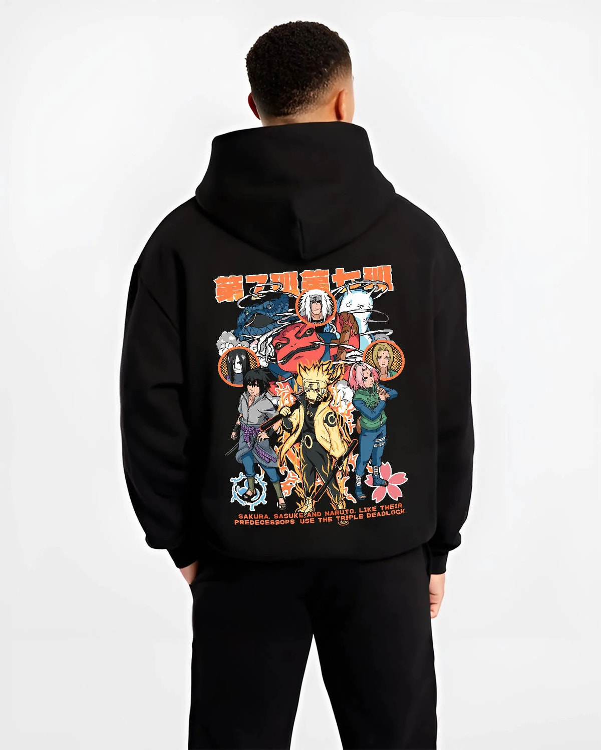 Black hoodie worn by male model from the back featuring Team 7 summoning jutsu ninja legacy Naruto artwork.