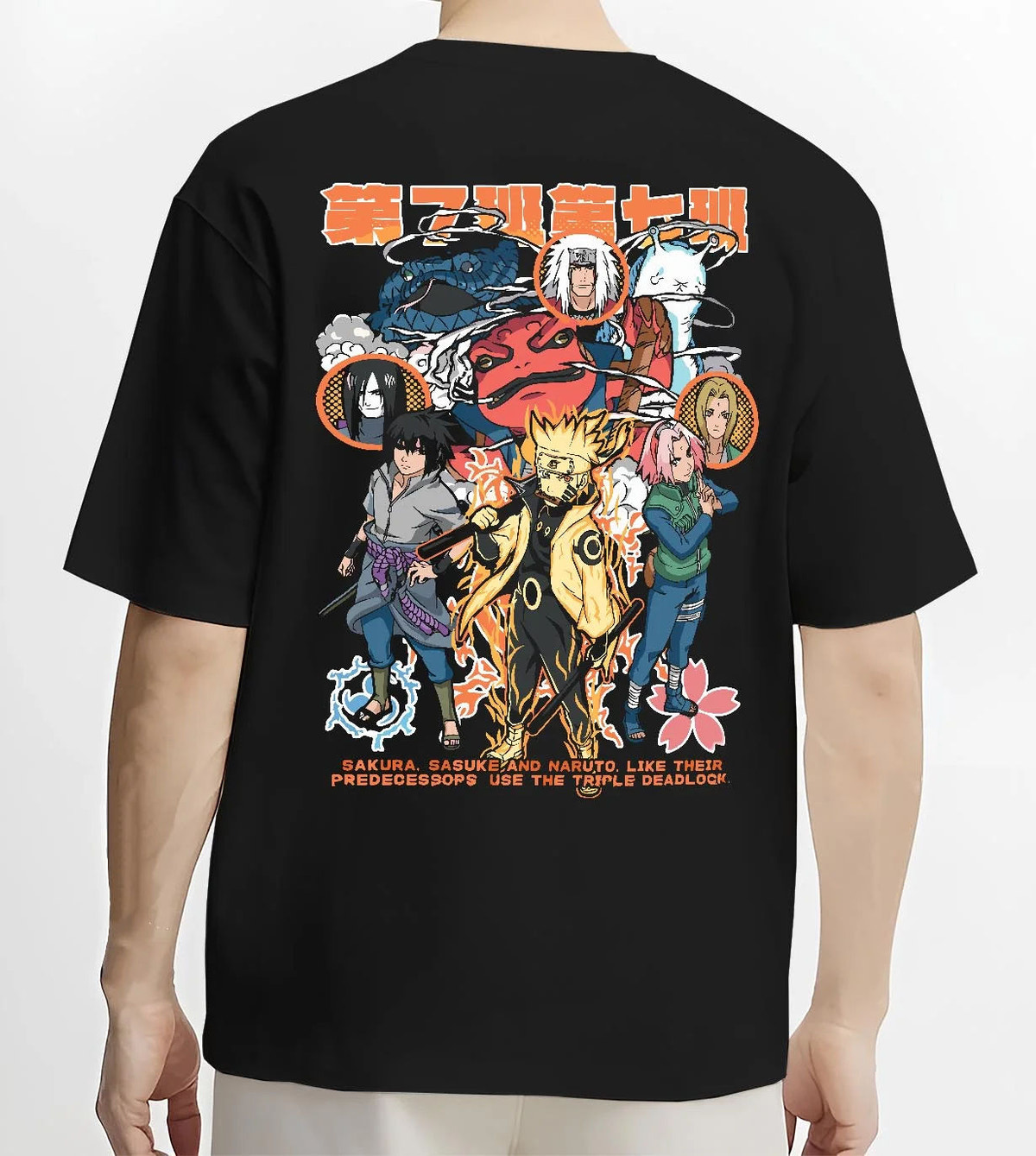 Black T-shirt worn by male model from the back featuring Team 7 summoning jutsu ninja legacy Naruto artwork.