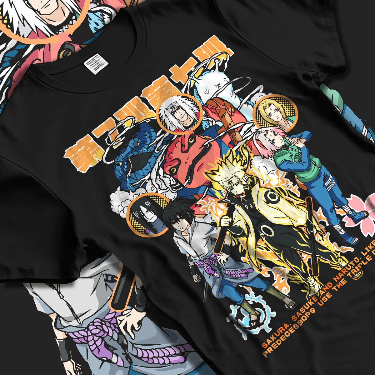 Black T-shirt laid flat with natural folds featuring Team 7 summoning jutsu ninja legacy Naruto artwork.