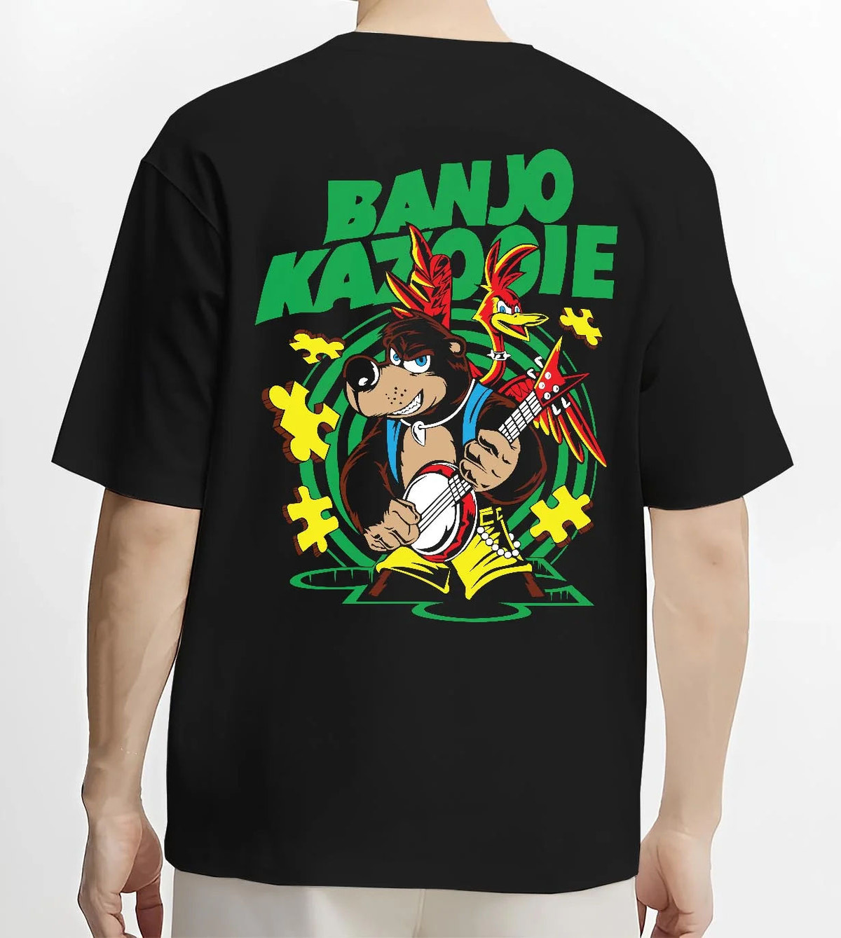 Black T-shirt worn by male model from the back featuring Banjo and Kazooie bear bird adventure Banjo-Kazooie artwork.
