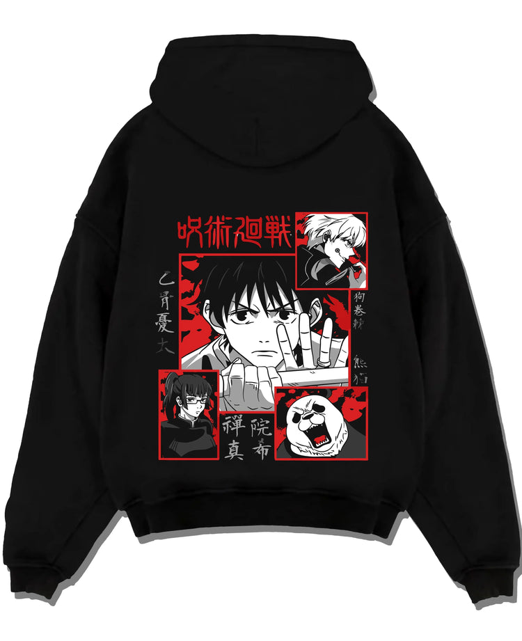 Black pullover hoodie laid flat with Yuta Okkotsu Hoodie Jujutsu Kaisen Cursed Sword graphic streetwear graphic.