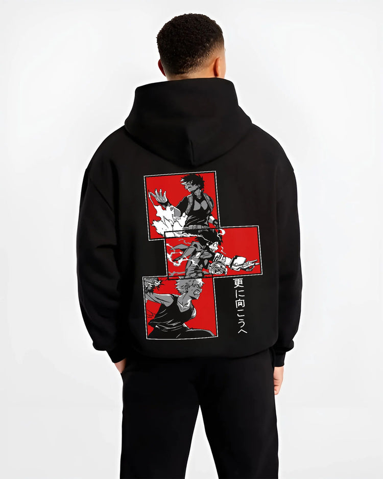 Black hoodie model back view showing Shoto Todoroki and Izuku Midoriya / Deku from My Hero Academia: montage