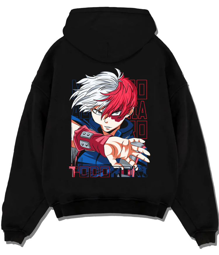 Black hoodie flat back view showing Shoto Todoroki from My Hero Academia: half-cold half-hot portrait