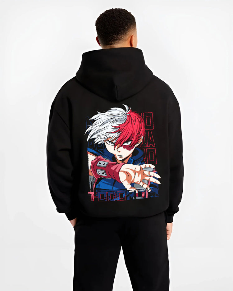 Black hoodie model back view showing Shoto Todoroki from My Hero Academia: half-cold half-hot portrait