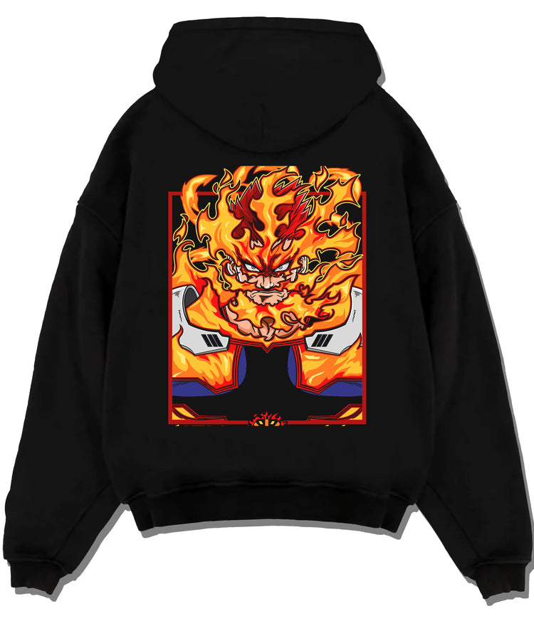Black hoodie flat back view showing Enji Todoroki / Endeavor from My Hero Academia: flame face