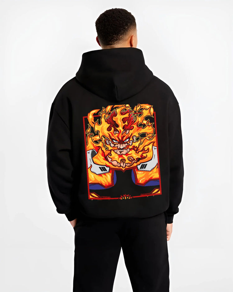 Black hoodie model back view showing Enji Todoroki / Endeavor from My Hero Academia: flame face