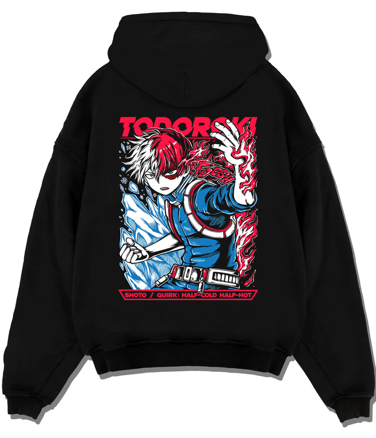 Black hoodie flat back view showing Shoto Todoroki from My Hero Academia: Half-Cold Half-Hot attack