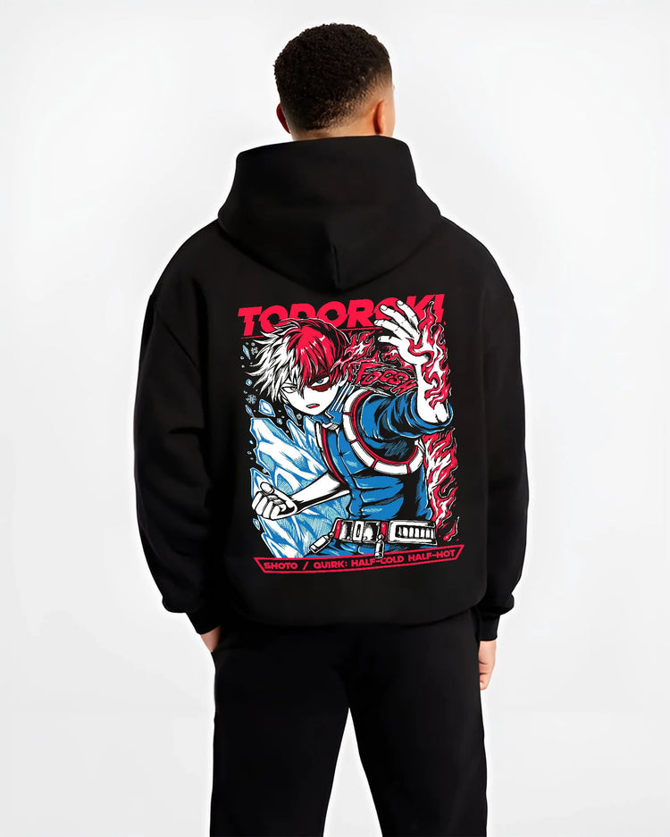 Black hoodie model back view showing Shoto Todoroki from My Hero Academia: Half-Cold Half-Hot attack