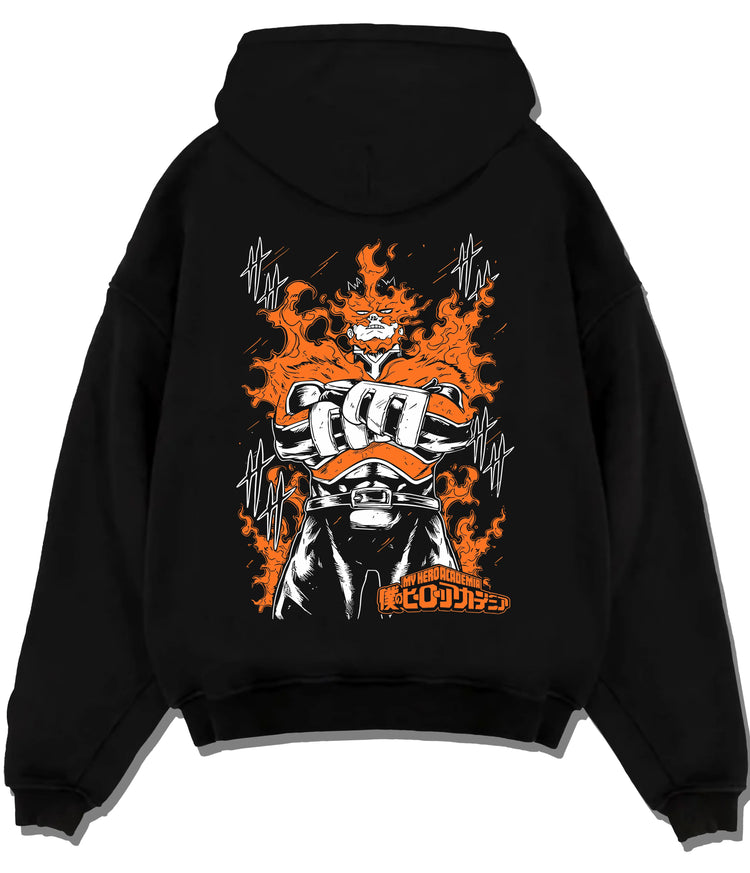 Black hoodie flat back view with Katsuki Bakugo? / fire-fist hero illustration from My Hero Academia illustrated back graphic