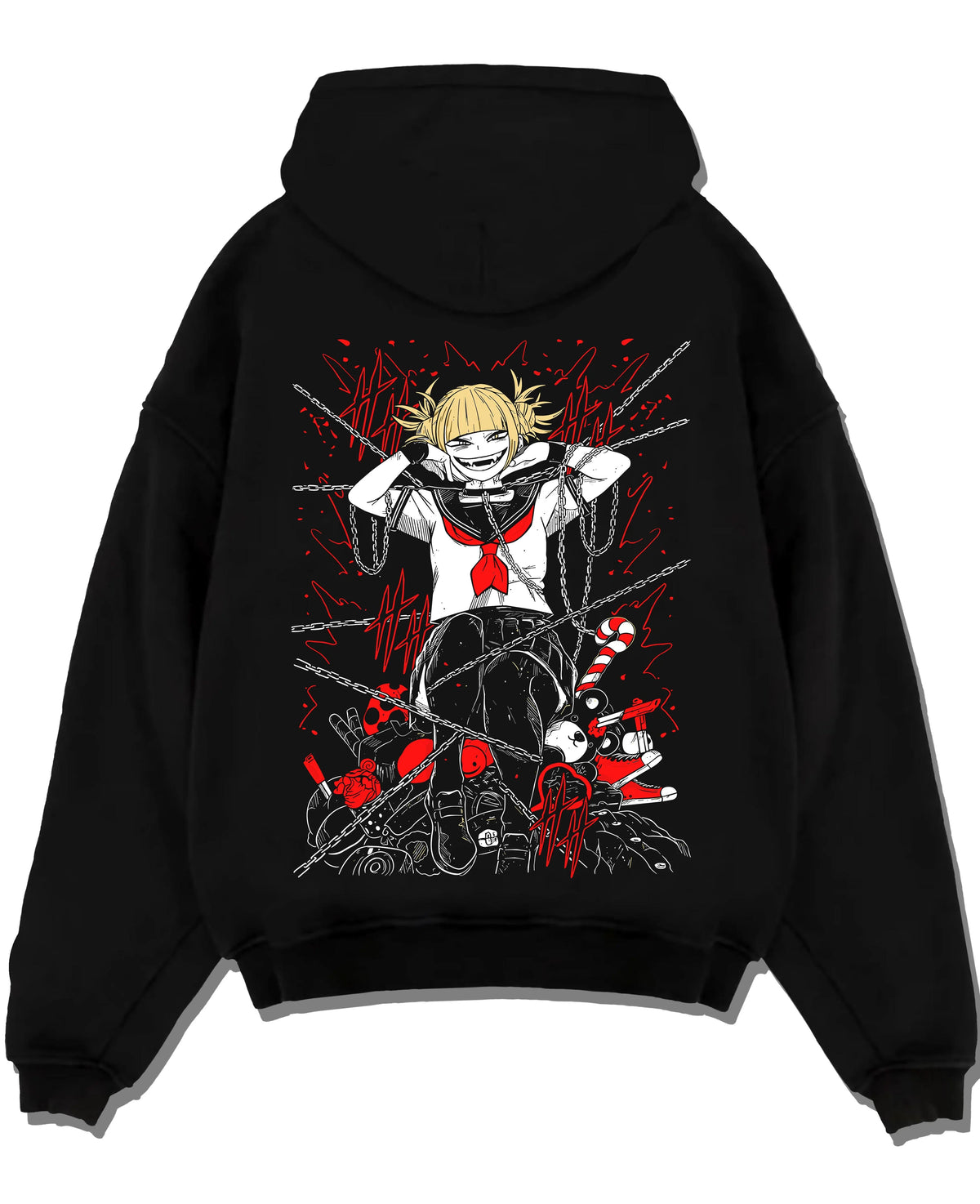 Black hoodie laid flat featuring Himiko Toga blood villain My Hero Academia artwork.