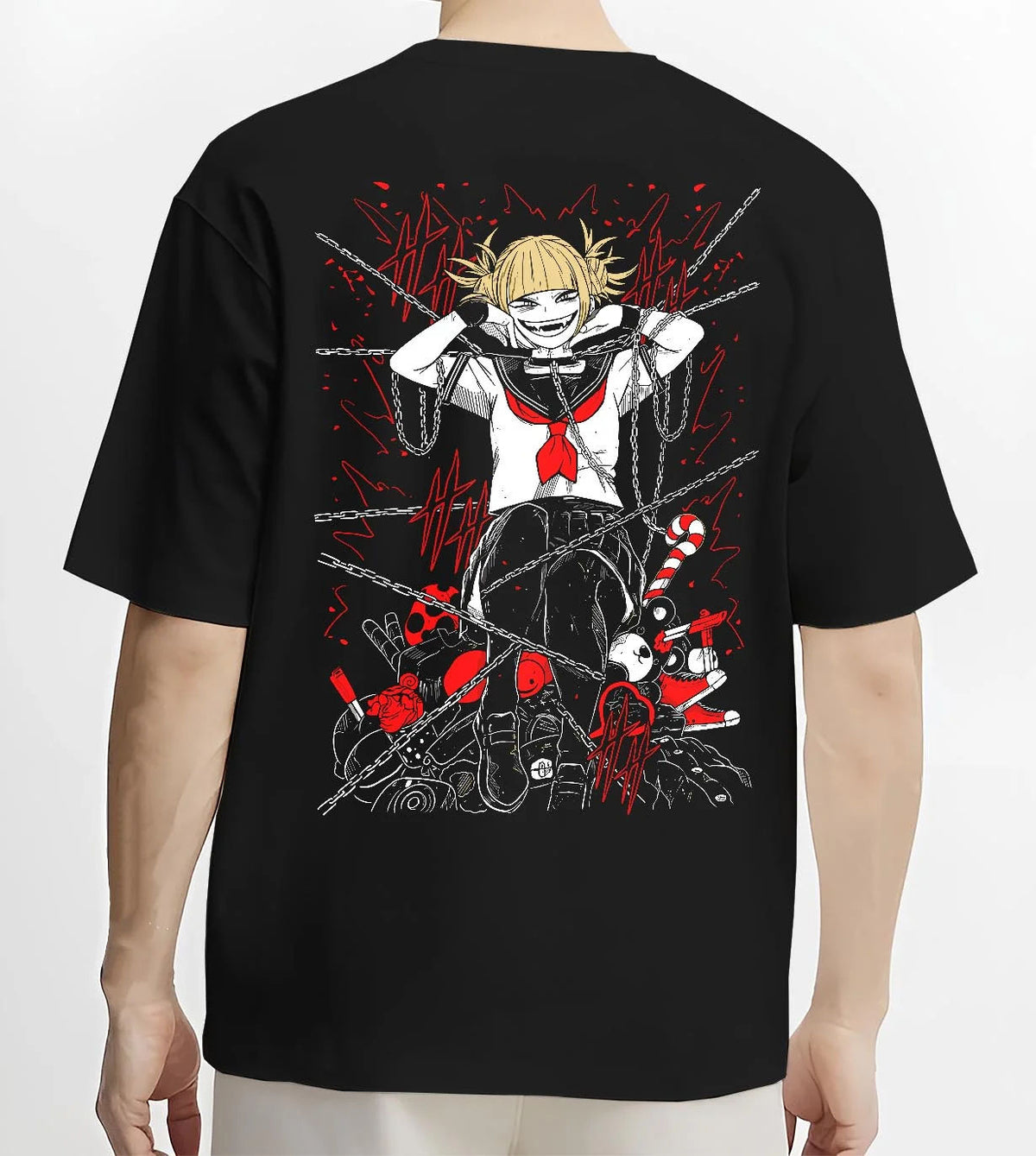 Black T-shirt worn by male model from the back featuring Himiko Toga blood villain My Hero Academia artwork.