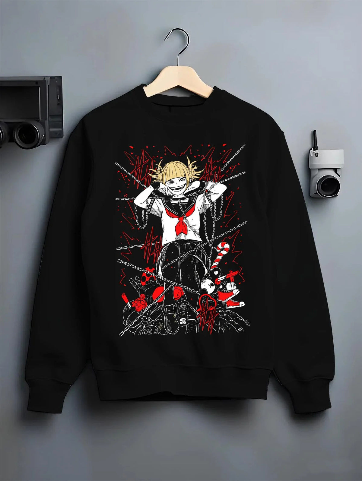 Black crewneck sweatshirt on hanger featuring Himiko Toga blood villain My Hero Academia artwork.