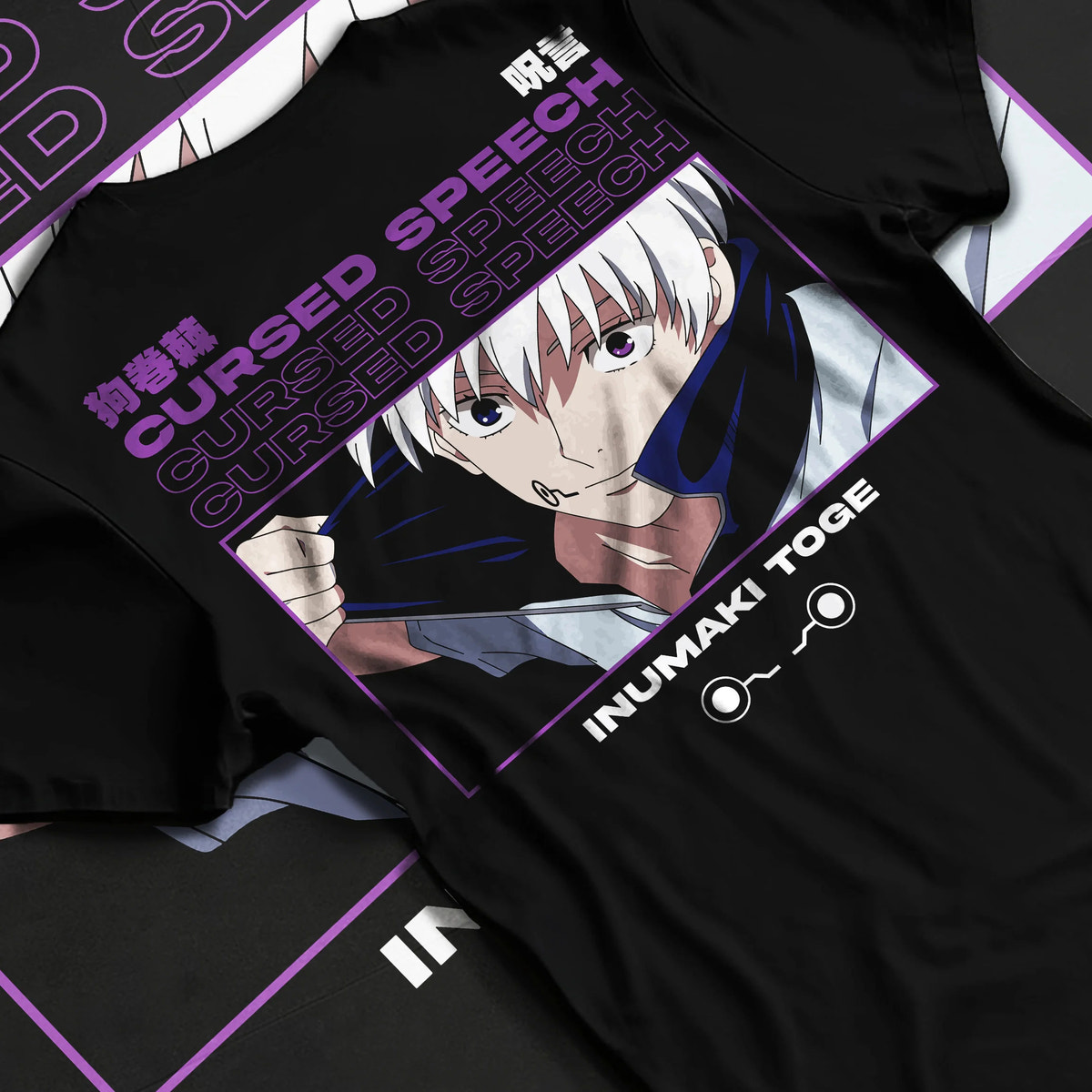 Black T-shirt flat back view showing Toge Inumaki from Jujutsu Kaisen: Cursed Speech portrait