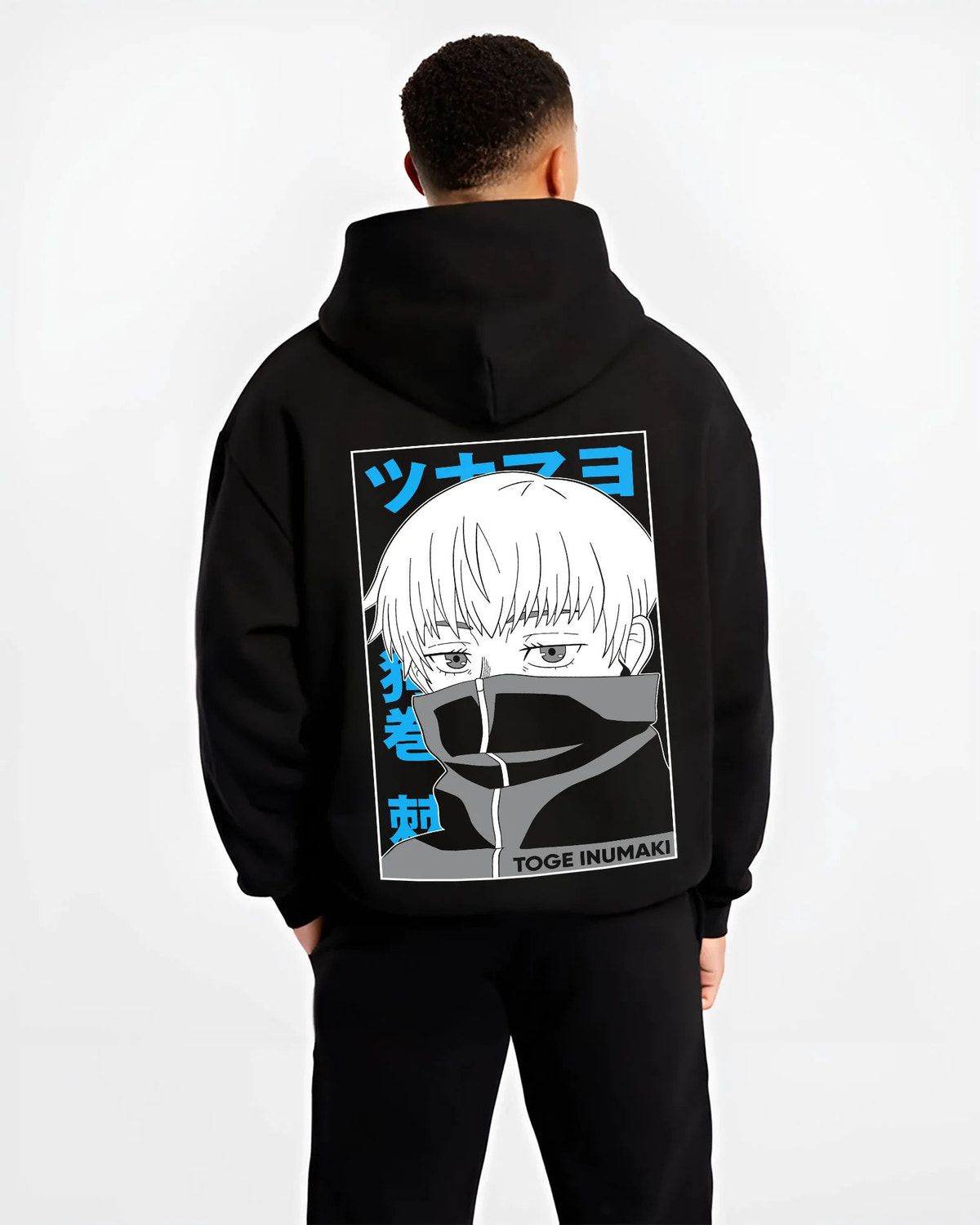 Black hoodie model back view showing Toge Inumaki from Jujutsu Kaisen: masked portrait