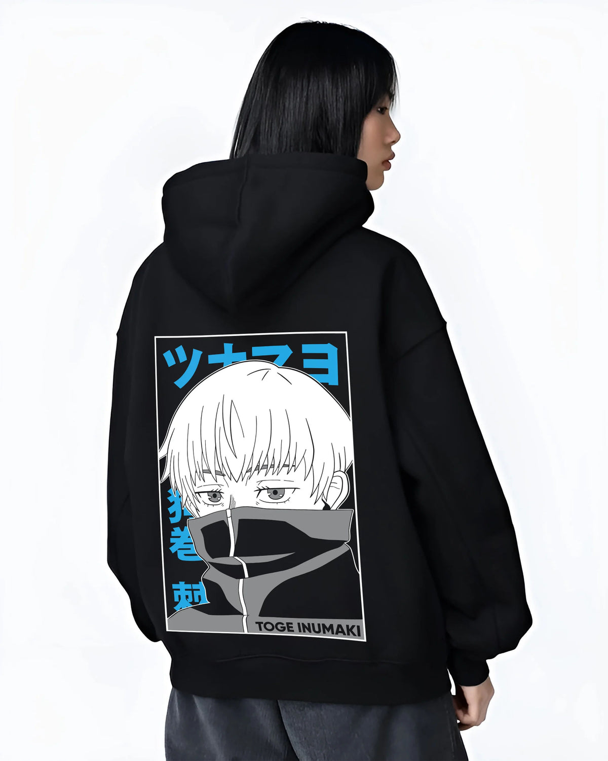 Black hoodie female model back view showing Toge Inumaki from Jujutsu Kaisen: masked portrait