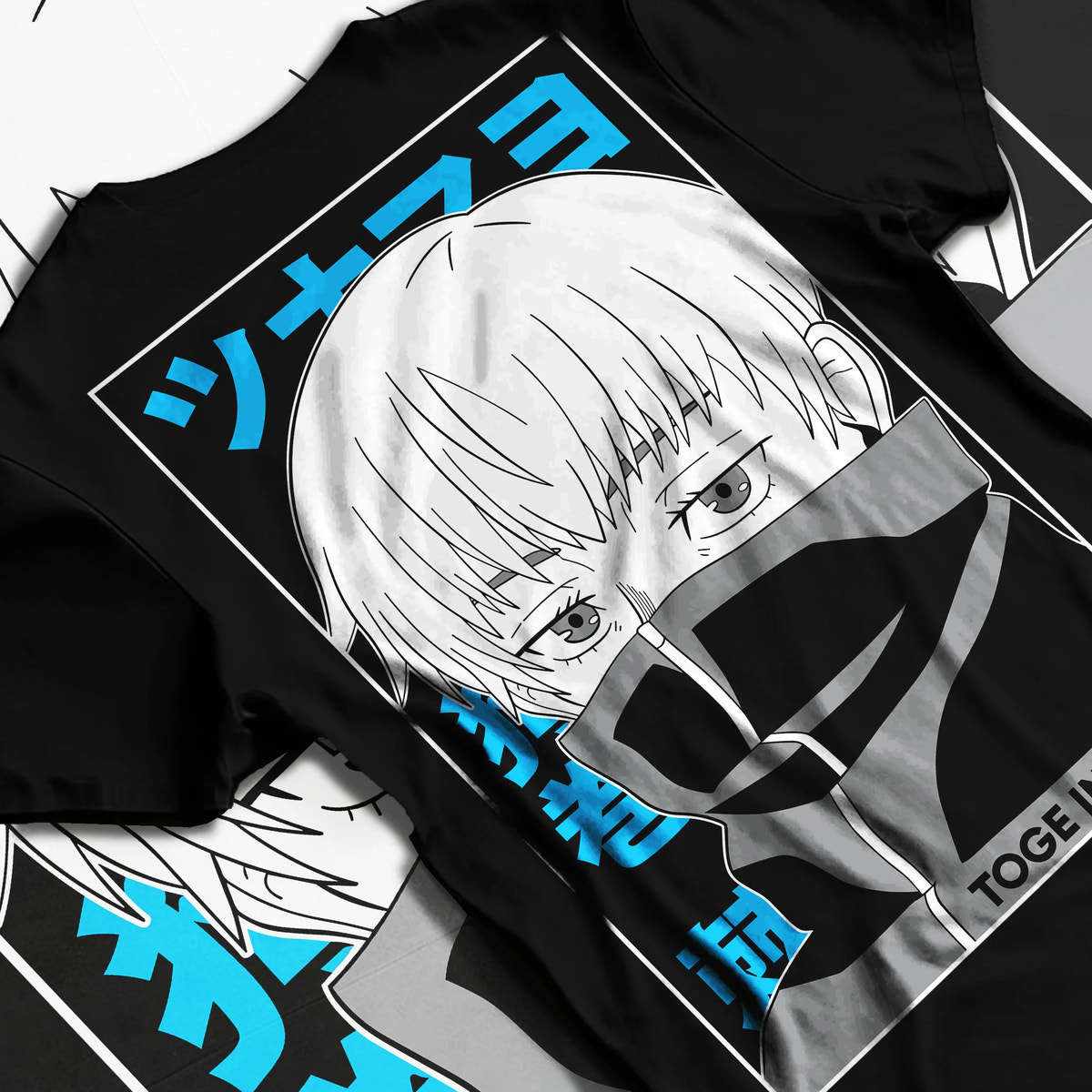 Black T-shirt flat back view showing Toge Inumaki from Jujutsu Kaisen: masked portrait