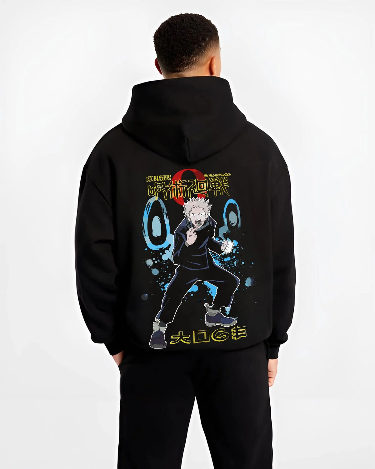 Black hoodie worn by male model from the back featuring Yuji Itadori Divergent Fist Jujutsu Kaisen artwork.