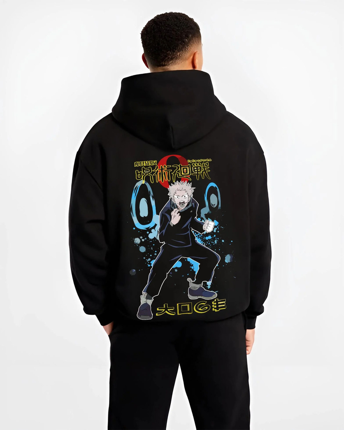 Black hoodie worn by male model from the back featuring Yuji Itadori Divergent Fist Jujutsu Kaisen artwork.