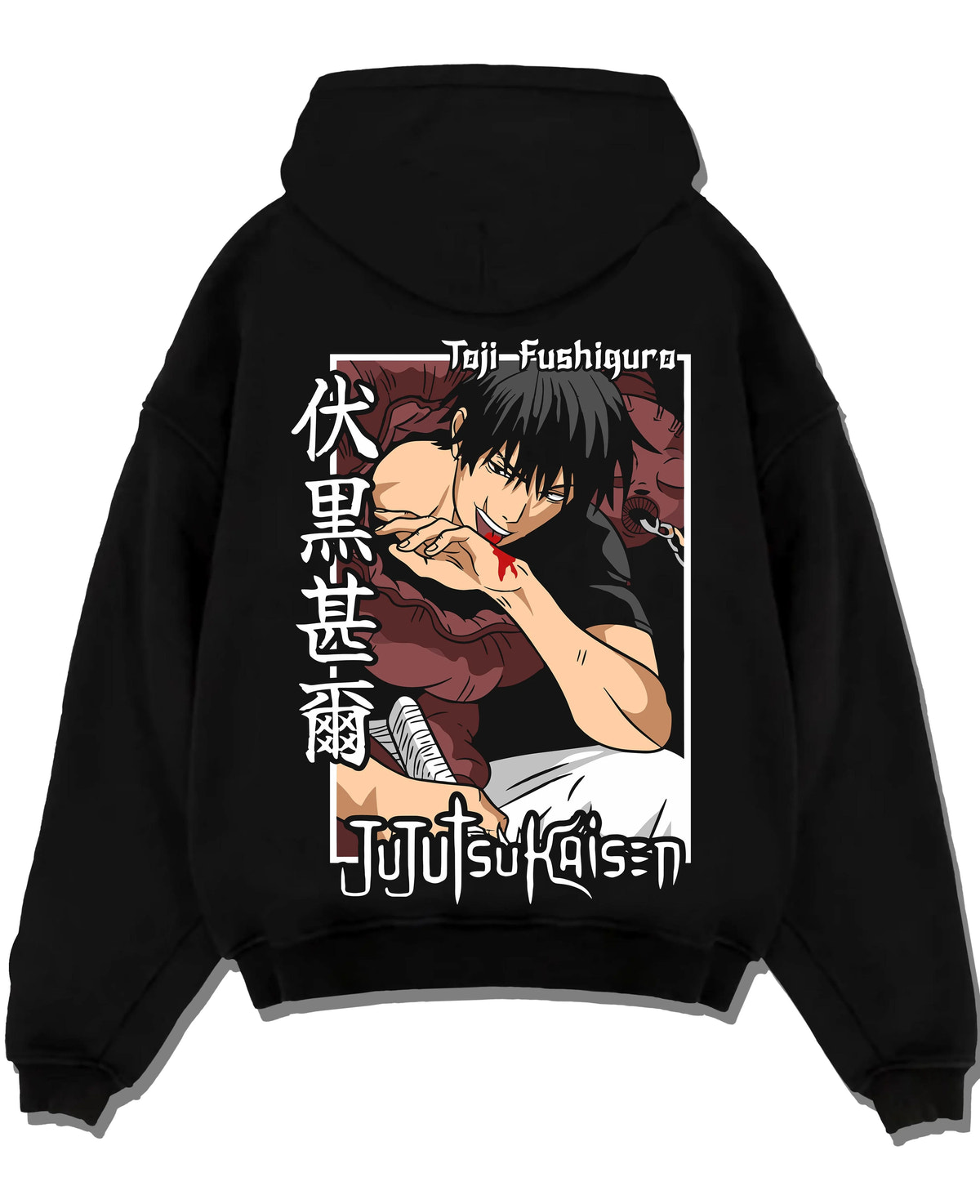 Black hoodie laid flat featuring Toji Fushiguro Heavenly Restriction Jujutsu Kaisen artwork.