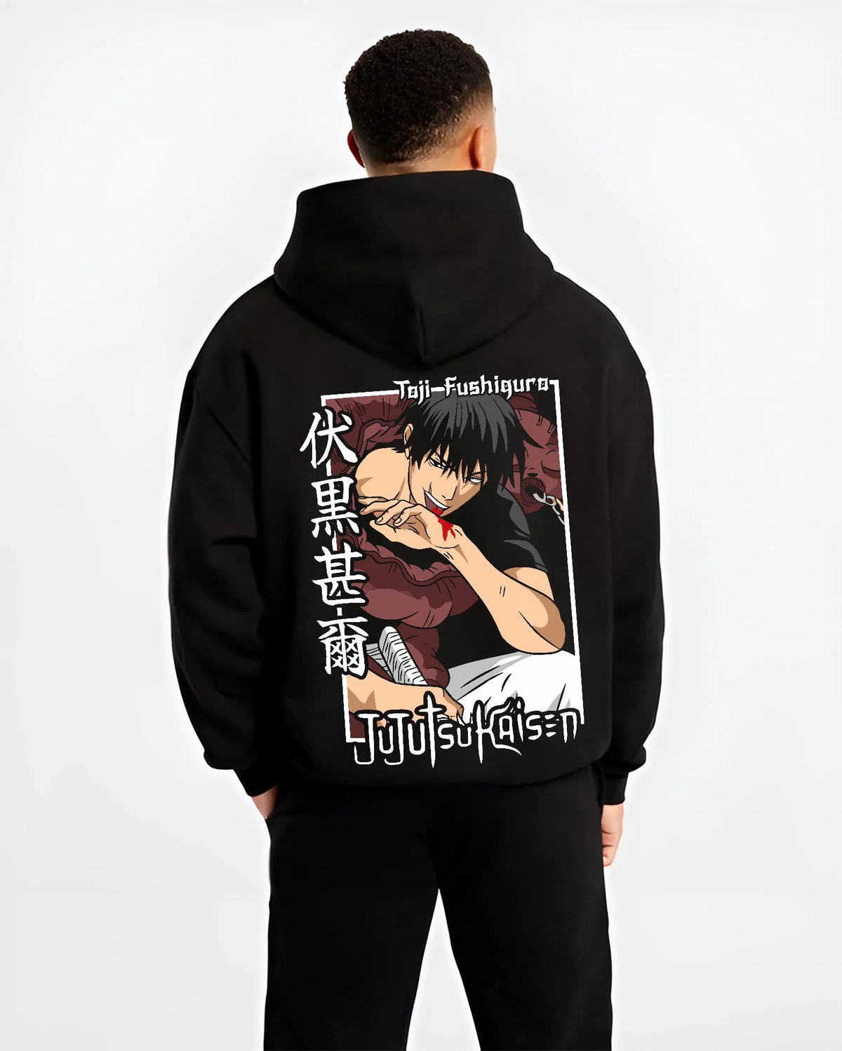 Black hoodie worn by male model from the back featuring Toji Fushiguro Heavenly Restriction Jujutsu Kaisen artwork.