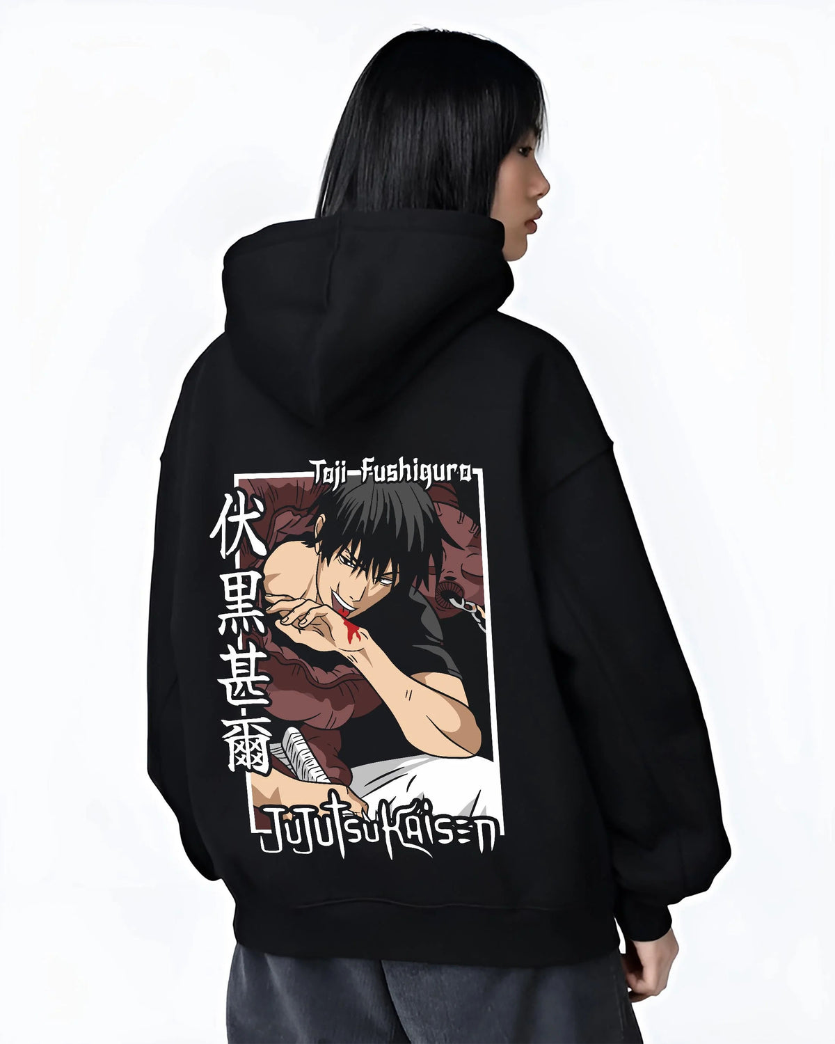 Black hoodie worn by female model from the back featuring Toji Fushiguro Heavenly Restriction Jujutsu Kaisen artwork.