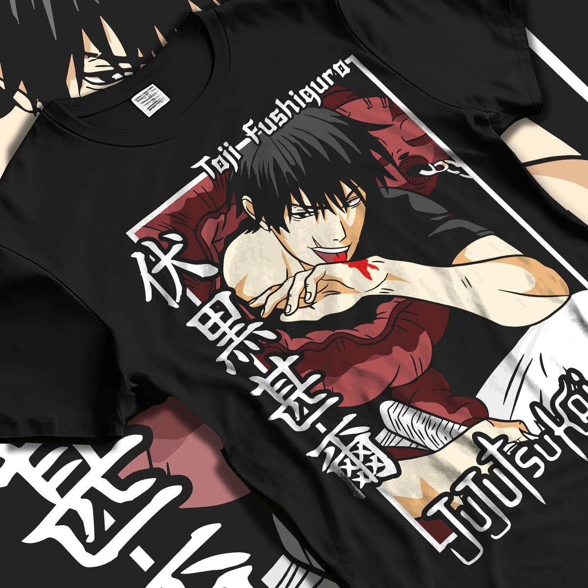 Black T-shirt laid flat with natural folds featuring Toji Fushiguro Heavenly Restriction Jujutsu Kaisen artwork.