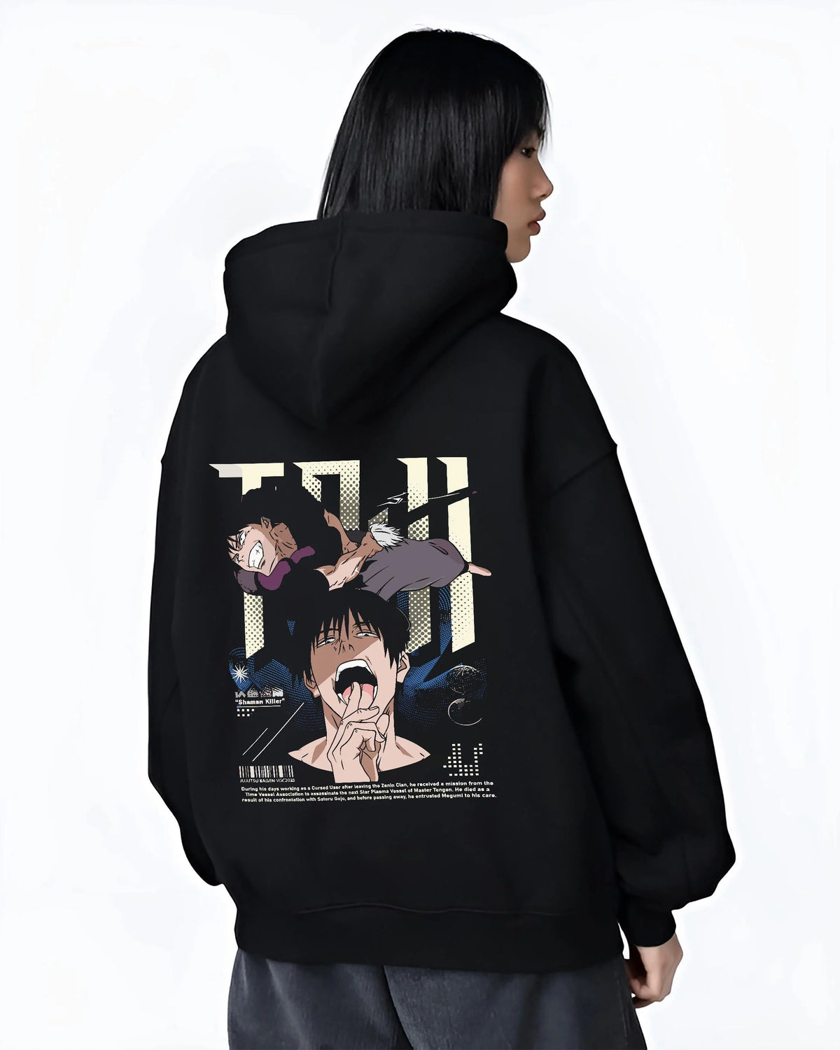 Black hoodie worn by female model from the back featuring Toji Fushiguro black outfit battle Jujutsu Kaisen artwork.