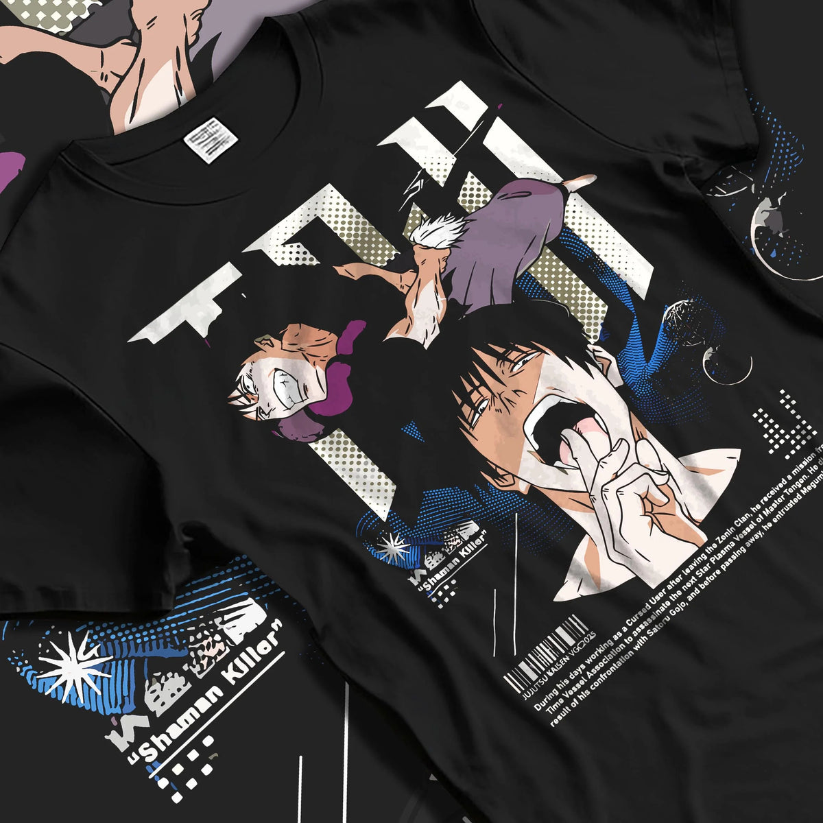 Black T-shirt laid flat with natural folds featuring Toji Fushiguro black outfit battle Jujutsu Kaisen artwork.