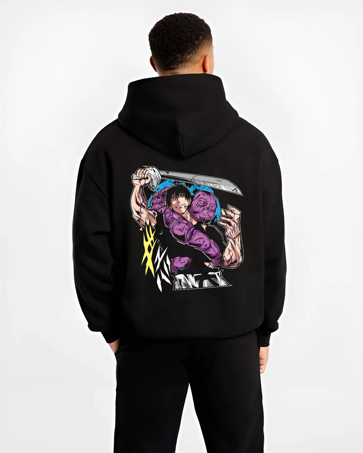 Black hoodie worn by male model from the back featuring Toji Fushiguro blue blade battle Jujutsu Kaisen artwork.