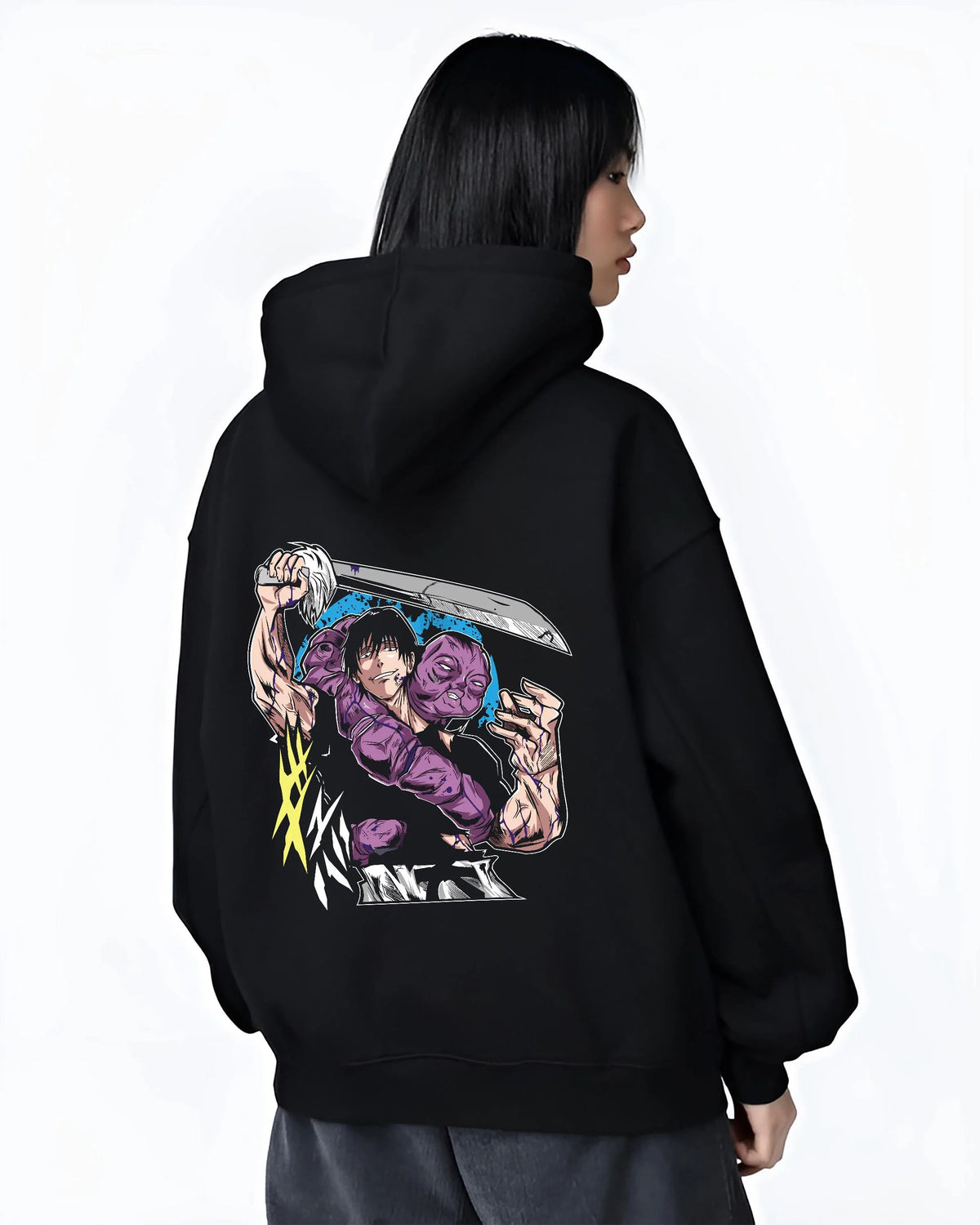 Black hoodie worn by female model from the back featuring Toji Fushiguro blue blade battle Jujutsu Kaisen artwork.