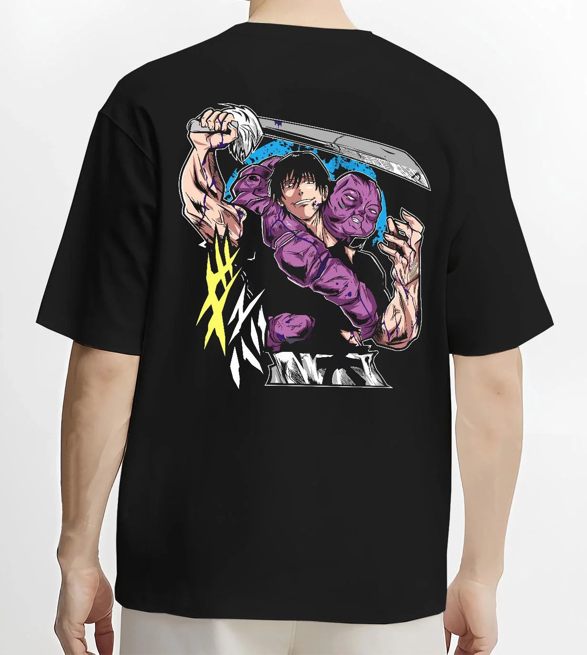 Black T-shirt worn by male model from the back featuring Toji Fushiguro blue blade battle Jujutsu Kaisen artwork.