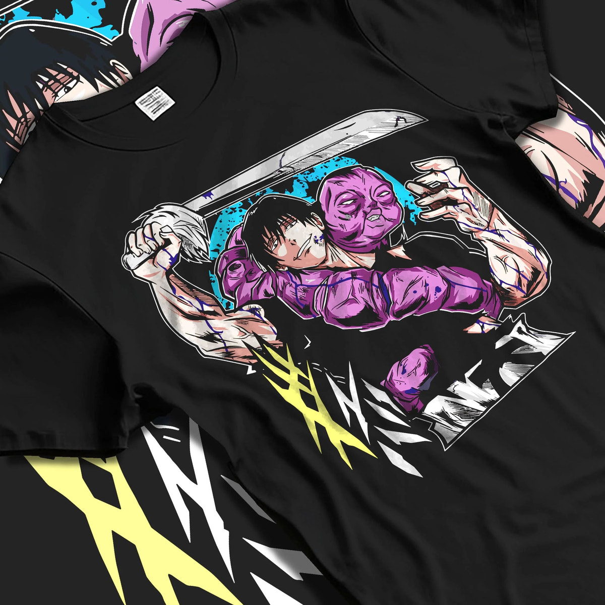 Black T-shirt laid flat with natural folds featuring Toji Fushiguro blue blade battle Jujutsu Kaisen artwork.
